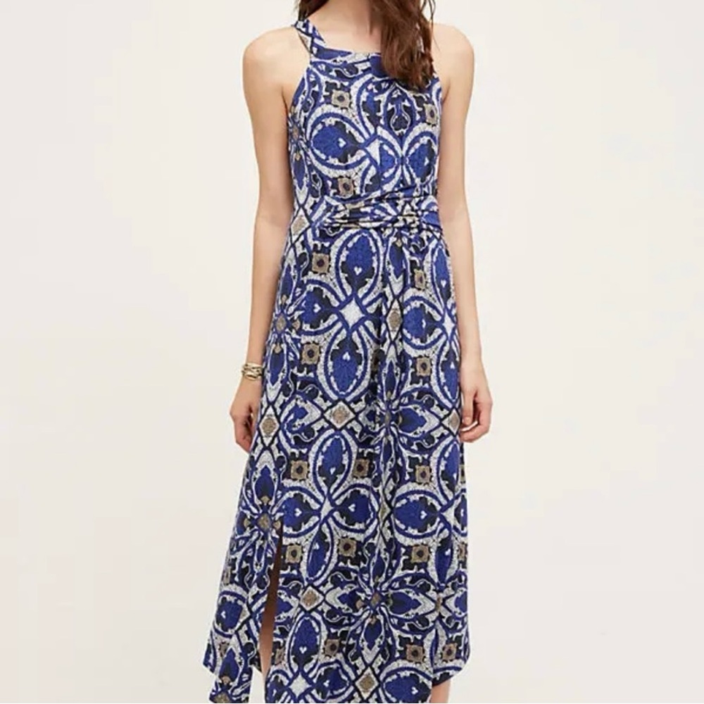 Anthropologie Maeve Auretta Blue Print Maxi Dress Side Slit XS